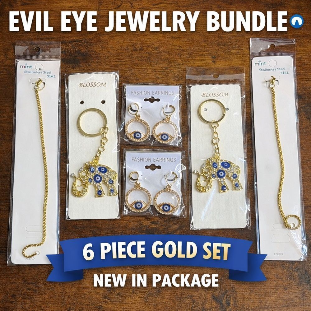Gold Tone Evil Eye 6 pc Jewelry Bundle: Keychains, Earrings, Stainless Bracelets